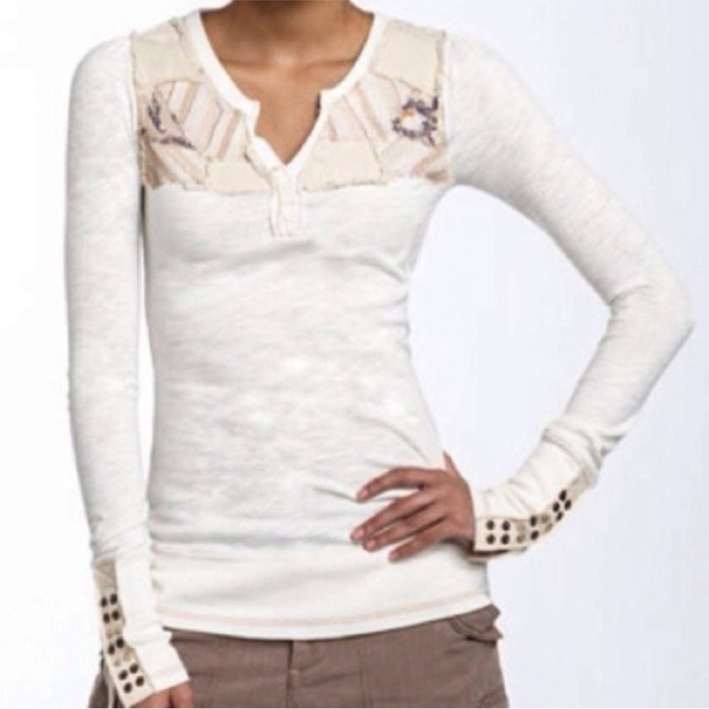 Rare Free People Patchwork Snapped Cuff Thermal Henley Cream Size Small